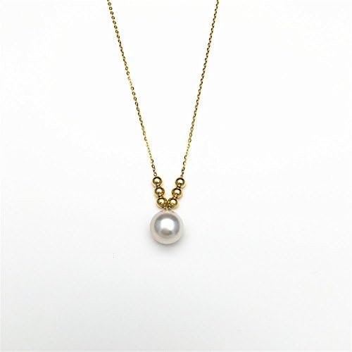 18K Yellow Gold Japanese Akoya Pearl Necklace White Round Pearl Pendant Necklace with 6 Little gold balls