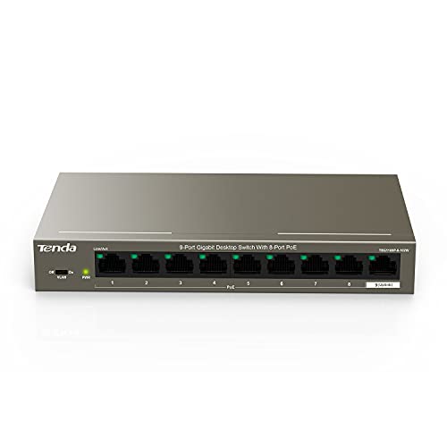 Tenda TEG1109P, 8 Port Gigabit PoE Switch Compatible with IEEE 802.3af/at Devices, Unmanaged PoE Switch with 8 Port PoE+@102W, w/ 1 Uplink Gigabit Port, Metal Design, Limited Lifetime Protection