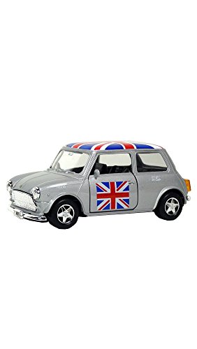 Mini Cooper Model (Silver) with Union Jack Top Made of Die Cast Metal and Plastic Parts, Pull Back & Go Action Model