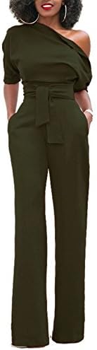 ONLYSHE Women's Short Sleeve One Shoulder Jumpsuits Rompers Long Pants Clubwear Dark Green Small
