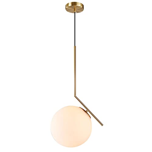 BOKT Lámpara Colgante de Globo Moderna Candelabro de Mediados de Siglo Latón Cepillado Luz Colgante Ajustable con Vidrio Esmerilado Blanco para Isla de Cocina Recámara Comedor (C-25 cm)