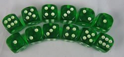 Green Glow in the Dark Dots Standard Dice D6 16mm 12 Dice by Koplow Games