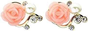 Pearl Rhinestone rose flower Stud Earrings 24K Gold Plated Sweet Fashion (Pink)