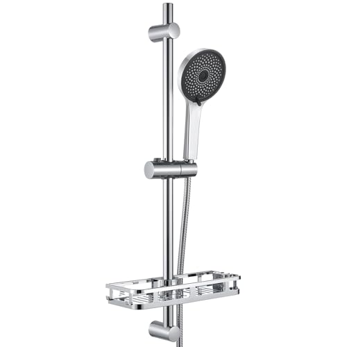 Auralum Shower Rail with 5 Geti Shower Head and Shower Shelf, 70 cm Stainless Steel Shower Rod with Adjustable Shower Holder, Shower Column Without Mixer Adapting to Existing Holes, Chrome