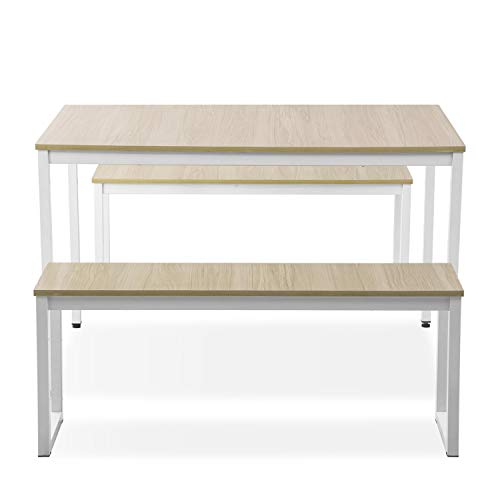 Dining Room Table Set, 3 Pieces Farmhouse Kitchen Table Set with Two Benches, Metal Frame and MDF Board, Modern Furniture for Home, Cafeteria, Apartment and Farm House (Beige)