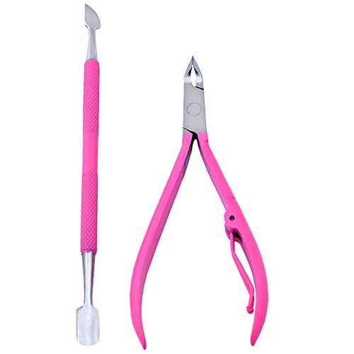 Andlane Cuticle Nipper and Cuticle Pusher - Professional Stainless Steel Cuticle Trimmer, Remover and Cutter - Manicure and Pedicure Tool (Pink)