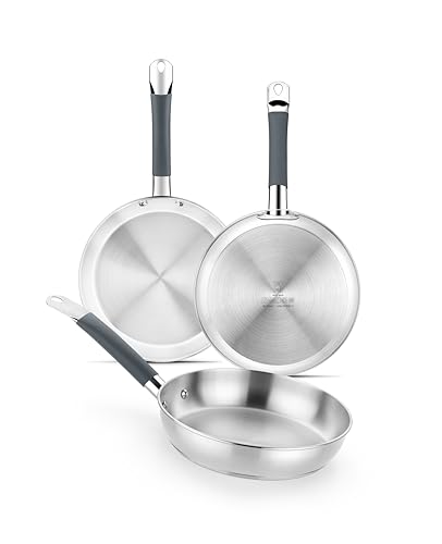 Master | Set de sartenes 20-24-28 cm, acero inoxidable, Sin Antiadherente, Sin PFOA, Full Induction, Apta para todo tipo de Cocinas, Mango acero inoxidable recubierto de Silicona