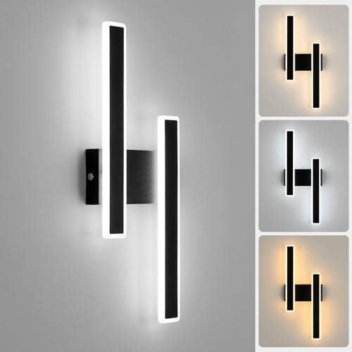DELIPOP Indoor LED Wall Light, 32 W 4000 LM Modern Black Wall Lamp, 3 Temperature Colours Wall Lamp for Bedroom Living Room Hallway Stairs