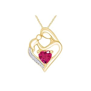 THE JEWEL ZONE Simulated Birthstone & White Natural Diamond Accent Mother & Child Heart Pendant Necklace In 14k Yellow…