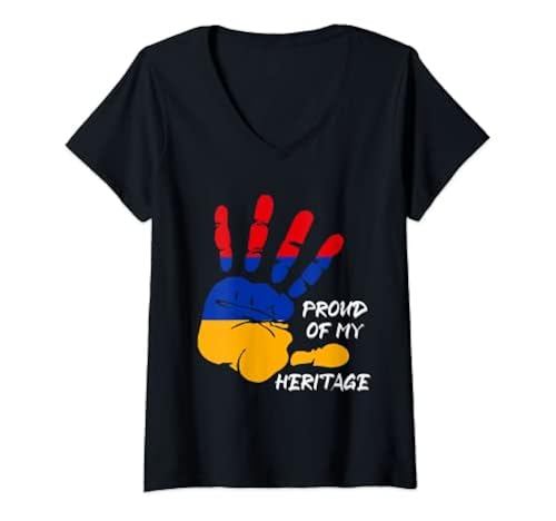 Womens Finger Handprint Flag Armenia V-Neck T-Shirt in Kuwait Whizz