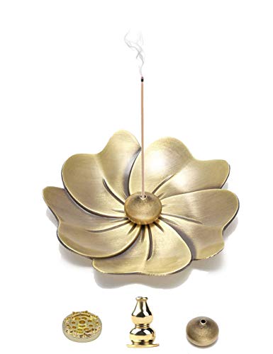 DK177 Incense Sticks Holder Brass Inscent Coil Burner Copper Cone Dish Plate Stand Multihole Calabash Shaped Ash Catcher Set of 4, Sakura Shape