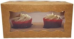 Windowed Cupcake Boxes with 2 Cavity Insert Holds 2 White Pink Black Kraft (Pack of 5) (Kraft)