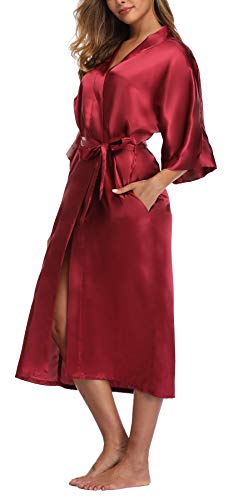 Womens Pure Color Long Satin Bathrobe Kimono Nightgown Long Dress Gown Burgundy