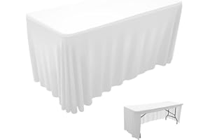 HAORUI Open Back Table Skirts, Rectangle Wrinkle Resistant Table Clothes, Ruffles Elastic Table Cover for Banquets, Weddings, Parties (6ft White)