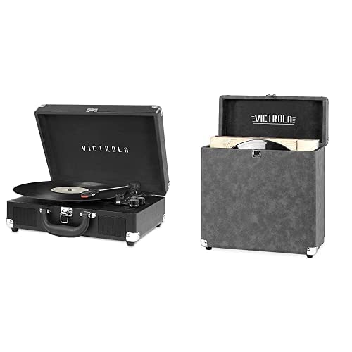 Victrola Vintage Vinyl Record Storage and Carrying Case, Gray, 1SFA (VSC20GRY) & Vintage 3