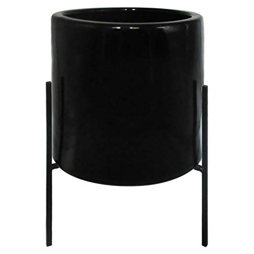 Rivet Mid-Century Ceramic Planter with Iron Stand, 18.9″H, Black