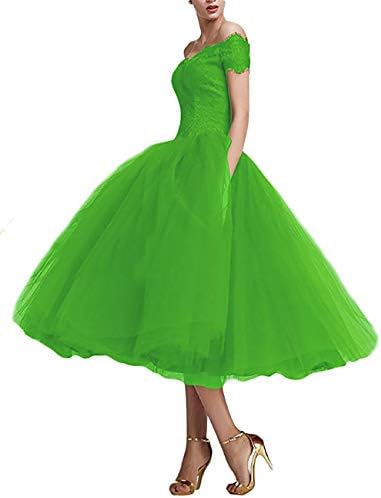 YSMei Women's Tea Length Cocktail Party Dress Off Shoulder Lace Prom Gown Yev168