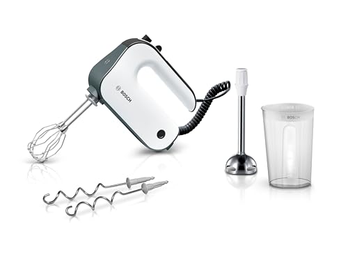 Bosch Handrührgerät, 2 Rührbesen, 2 Edelstahl-Knethaken, spülmaschinenfest, Spiralkabel, Pürierstab, Mixbecher, 5 Stufen, Turbostufe, leicht, stark, 850 W, weiß, MFQ49700