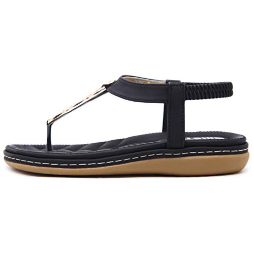 DolphinBanana Women's Glitter Rhinestone T Strap Summer Blingbling Simple Gold Rings Flat Thong Sandals, Black Flip Flops Shiny Gem Shoes for Dressy Casual Jeans Daily Wear and Beach Vacation