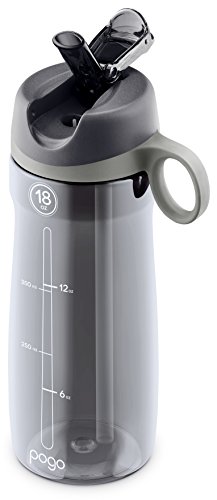 Pogo BPA-Free Plastic Water Bottle with Flip Straw, Grey, 18 oz Standard