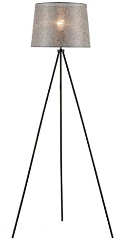 CLAXY Black Tripod Floor Lamp Gray Linen Shade Modern Reading Light for Living Room Bedroom Study Room or Office