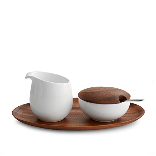 nambe Skye Collection Creamer Set | 3-Pc Set | Porcelain Sugar Bowl with Lid and Creamer Jug Set with Acacia Wood Serving Tray | White | Designed by Robin Levien - Thumbnail 5