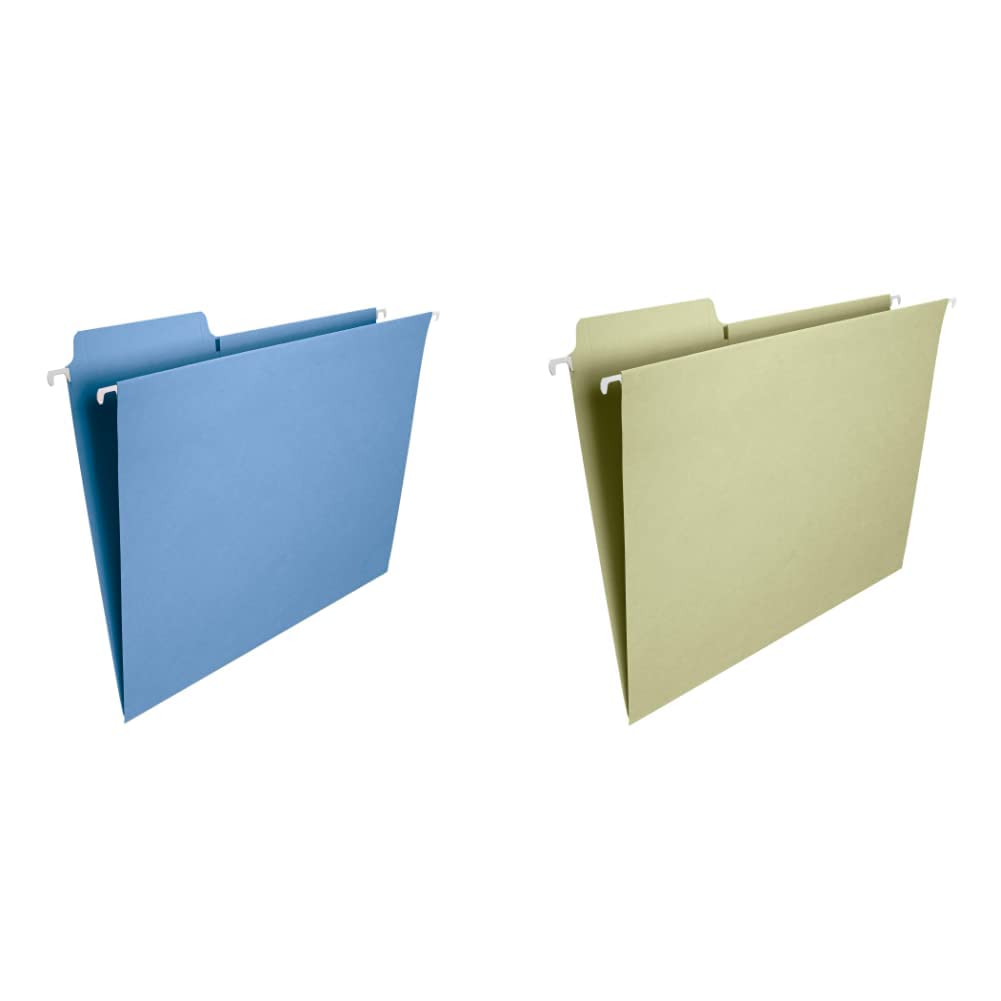 Smead FasTab Hanging File Folder, 1/3-Cut Built-in Tab, Letter Size, Blue, 20 per Box (64099) & FasTab Hanging File Folder, 1/3-Cut Built-in Tab, Letter Size, Moss, 20 per Box (64082) Image