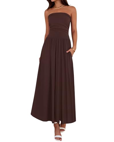 BTFBM Summer Maxi Dresses for Women 2025 Strapless Ruched Tube Top Flowy Beach Vacation Wedding Guest Fall Dress Pockets