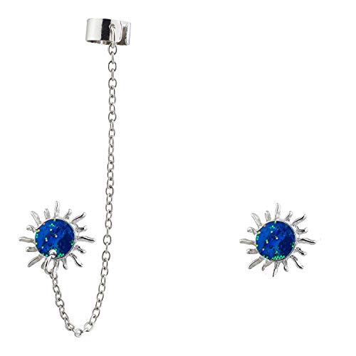 Lux Accessories Silver Tone Chain Ear Cuffs Blue Glittery Moon Stud Earrings