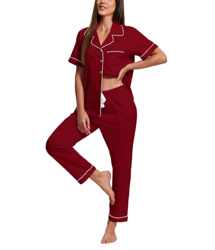 ANLIQI Womens Pajamas Sets 100% Cotton Short Sleeve Loungewear with Pockets at Amazon