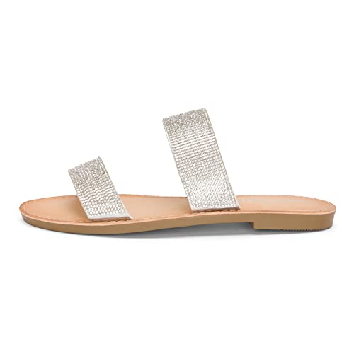 Chariot & Co - Zippy - Womens Double Strap Open Toe Casual Crystal Rhinestone Flat Sandals (Silver, us_footwear_size_system, adult, women, numeric, medium, numeric_10) at Amazon