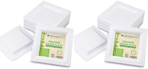 NationwidePaper 8 Inch Biodegradable Square Paper Plates, Bagasse White Disposable Plates, Strong Party Plates (50 Pcs) (Pack of 2)