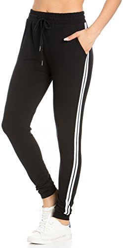 My Yuccie Women's Comfy Jogger Pants with Zipper Side Pockets (S - XL) (Black Stripe, X-Large)
