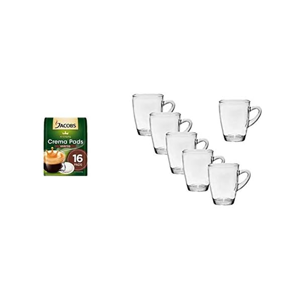 Jacobs Krönung Crema Kräftig 16 Kaffee Pads, 1er Pack + 6 x Glas Henkelbecher 310ml,