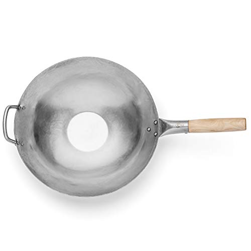 Carbon Steel Pow Wok Pan Authentic Hand Hammered 14 inch Flat Bottom by