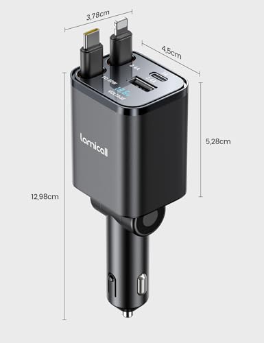 Lamicall 4 in 1 Retráctil Cargador para Auto – 69 W [Display de Voltaje] [50% Más Pequeño] Rápido Cargador para Carro, Puerto USB-C y USB-A, Compatible con iPhone 17/16/15/14/13/12, Galaxy, Airpods