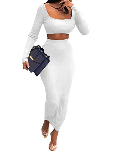 GOKATOSAU Womens Sexy Long Sleeve Dresses, 2 Piece Outfit Bodycon Club Midi Dress White