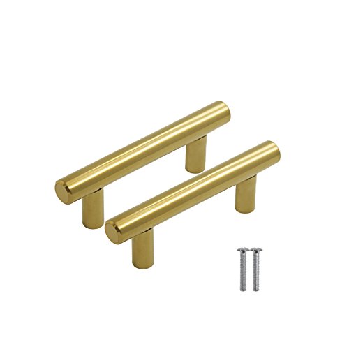 Goldentimehardware Brushed Brass Gold Color Hole Distance 64mm(2-1/2) T-bar Kitchen Cabinet Handle Dresser Drawer Cupboard Pull Knob 5Pack - Thumbnail 6