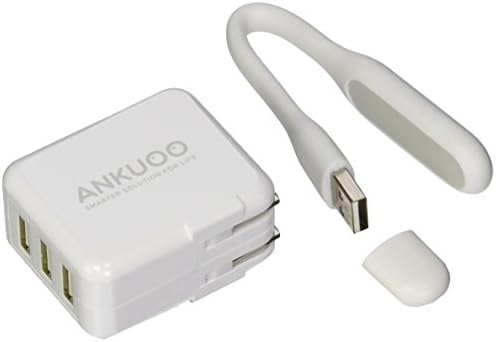 Ankuoo 20W/4A Mini USB Travel Charger (Foldable Plug with 3 Ports) with FREE Mini USB LED Light, White