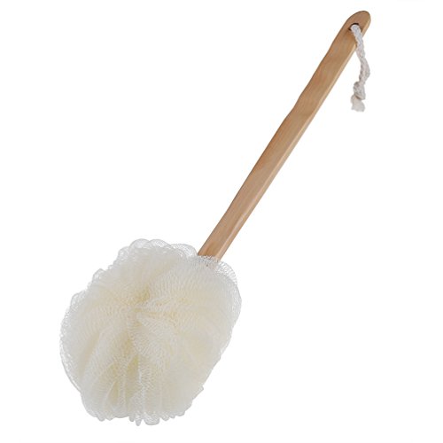 PRETTY SEE Exfoliating Loofah Body Brush with Long Wooden Handle Mesh Shower Bath Sponge