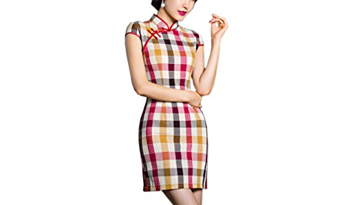XueXian(TM) Women's Summer Lattice Cheongsam Party Qipao Short Dress Casual
