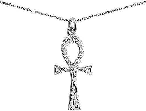 Silver 32x16mm solid hand engraved Ankh or Peace Cross with a 1mm wide rolo Chain