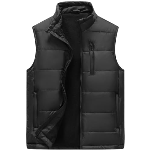 AKuVoL Men's Winter Puffer Vest Outerwear Thick Fleece-Lined Sleeveless Jacket with Zipper for Running Travel Work Black 2XL