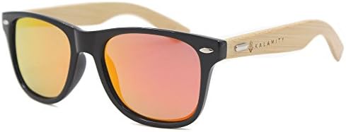 Kalamity Black Frame Bamboo Wooden Arm Polarized Purple-Pink REVO Mirror Lens Sunglasses