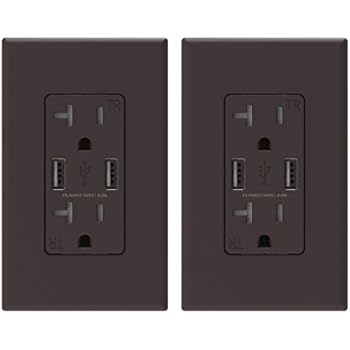 (2 Pack, Brown) ELEGRP USB Outlet Wall Charger, Dual High Speed 4.0 Amp USB Ports with Smart Chip, 20 Amp Duplex Tamper Resistant Receptacle Plug NEMA 5-20R, Wall Plate Included, UL Listed