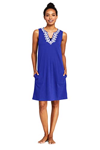 Lands' End Women's Cotton Jersey Embellished Sleeveless Swim Cover-up Dress Medium Galaxy Blue/White - Thumbnail 4