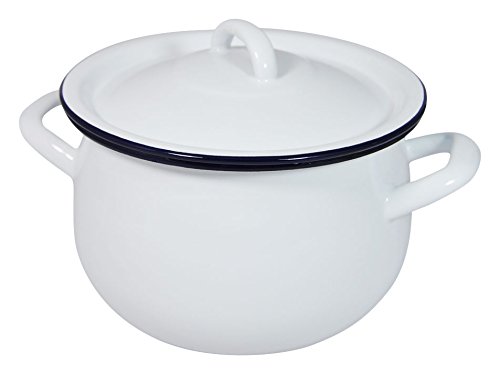 Click Here to See More Images Emalia Olkusz 1907 Enameled Hand Finished Round Casserole Dish With Lid, White With Dark Blue Trim, 7