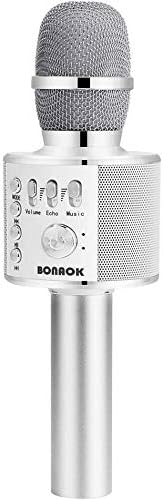 BONAOK Wireless Bluetooth Karaoke Microphone, 3-in-1 Portable Handheld karaoke Mic Birthday Gift Home Party Speaker Machine for iPhone/Android/iPad/Sony, PC Smartphone (Silvery)