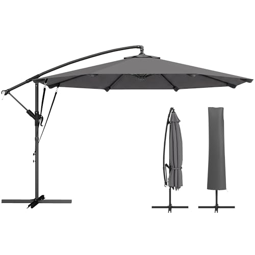 Parasol Excéntrico, Ø300 cm, Sombrilla de Jardín con Base Cruzada, Manivela, Funda Protectora y Cuerdas de Viento, UPF30+, para Terraza, Patio, Gris Oscuro