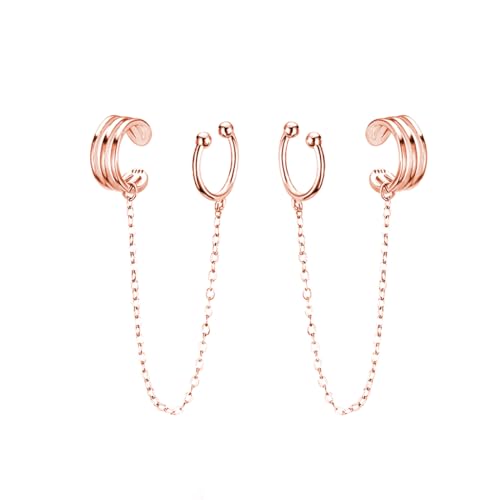Reffeer Solid 925 Sterling Silver Cuff Chain Earrings Wraps for Women Teen Girls Wrap Earrings Non Piercing Ear Cuffs (C-Rose Gold) at Amazon